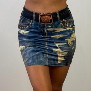 Blue Printed Mini Skirt with Rhinestones
